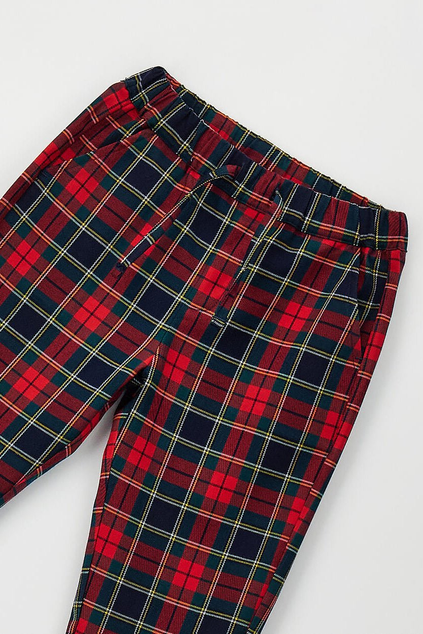 iDo "Bertie" Red Bear Jumper &amp; Navy Tartan Trousers Set - Millie and John