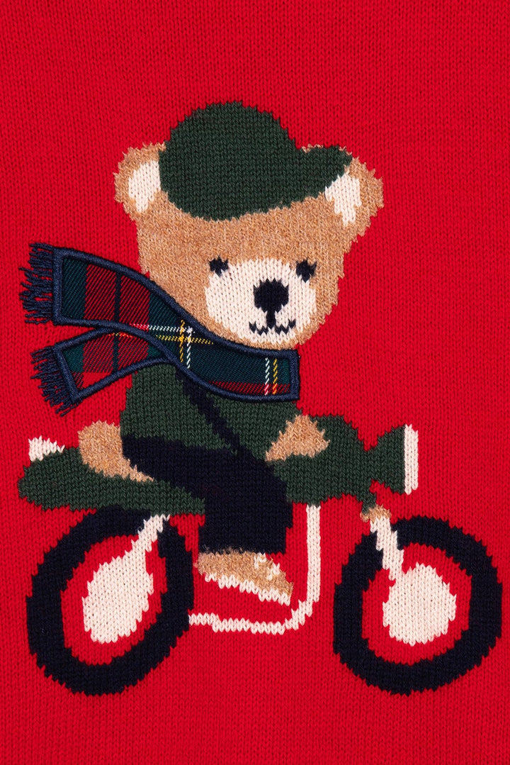 iDo "Bertie" Red Bear Jumper &amp; Navy Tartan Trousers Set - Millie and John