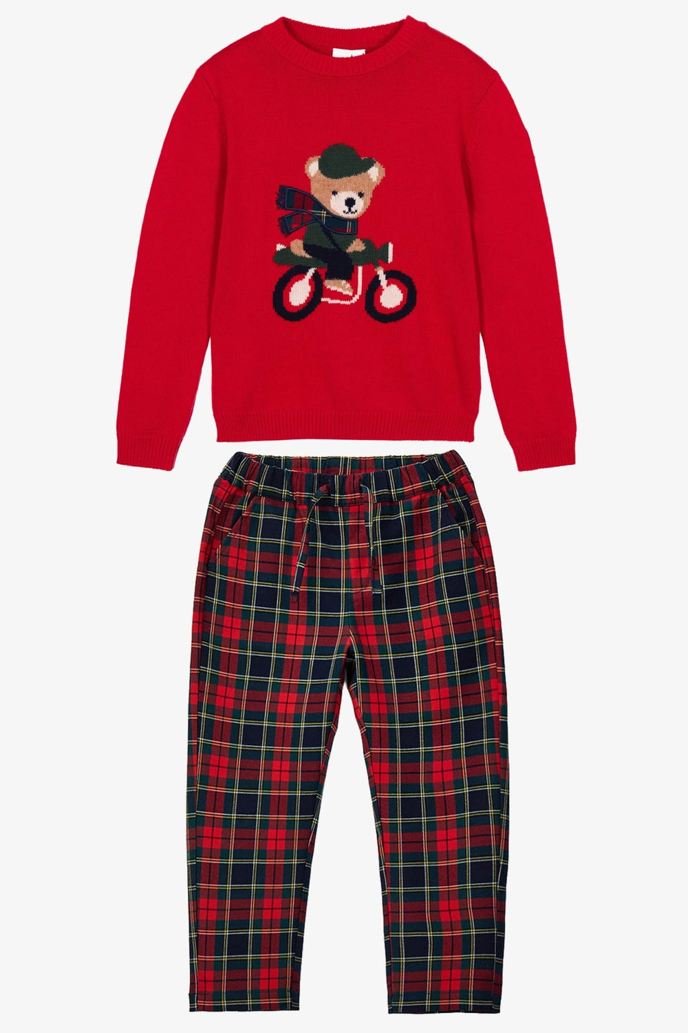 iDo "Bertie" Red Bear Jumper & Navy Tartan Trousers Set - Millie and John