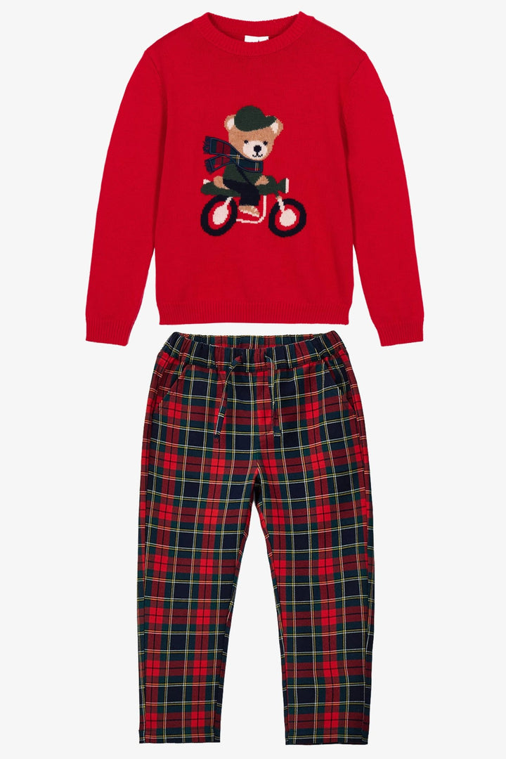 iDo "Bertie" Red Bear Jumper &amp; Navy Tartan Trousers Set - Millie and John