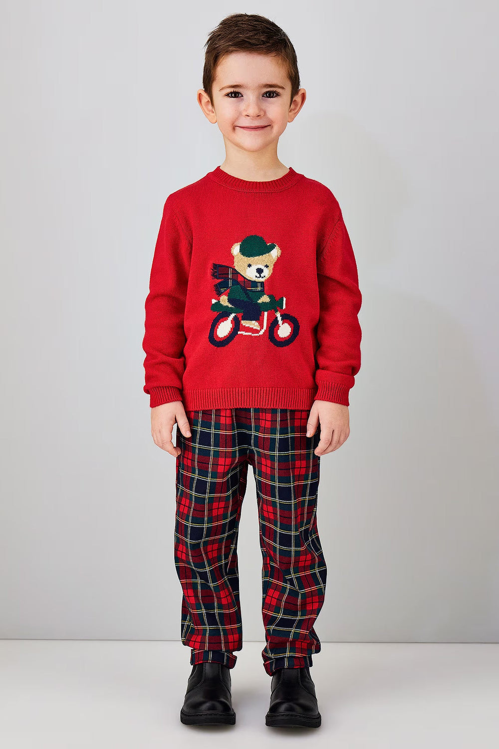 iDo "Bertie" Red Bear Jumper & Navy Tartan Trousers Set - Millie and John