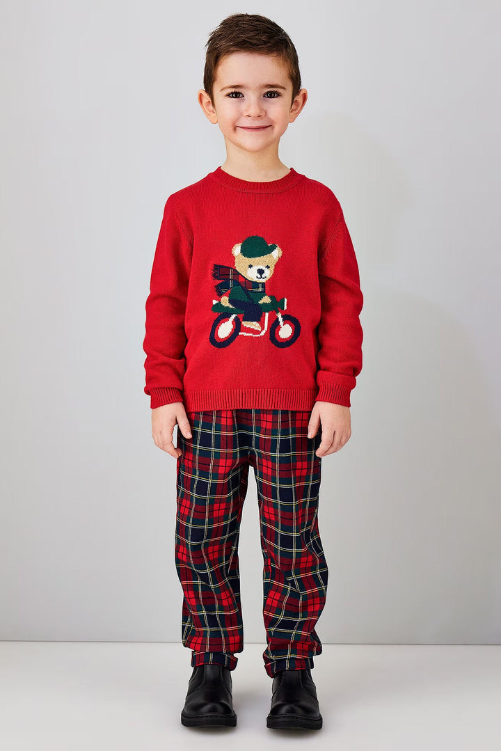 iDo "Bertie" Red Bear Jumper &amp; Navy Tartan Trousers Set - Millie and John