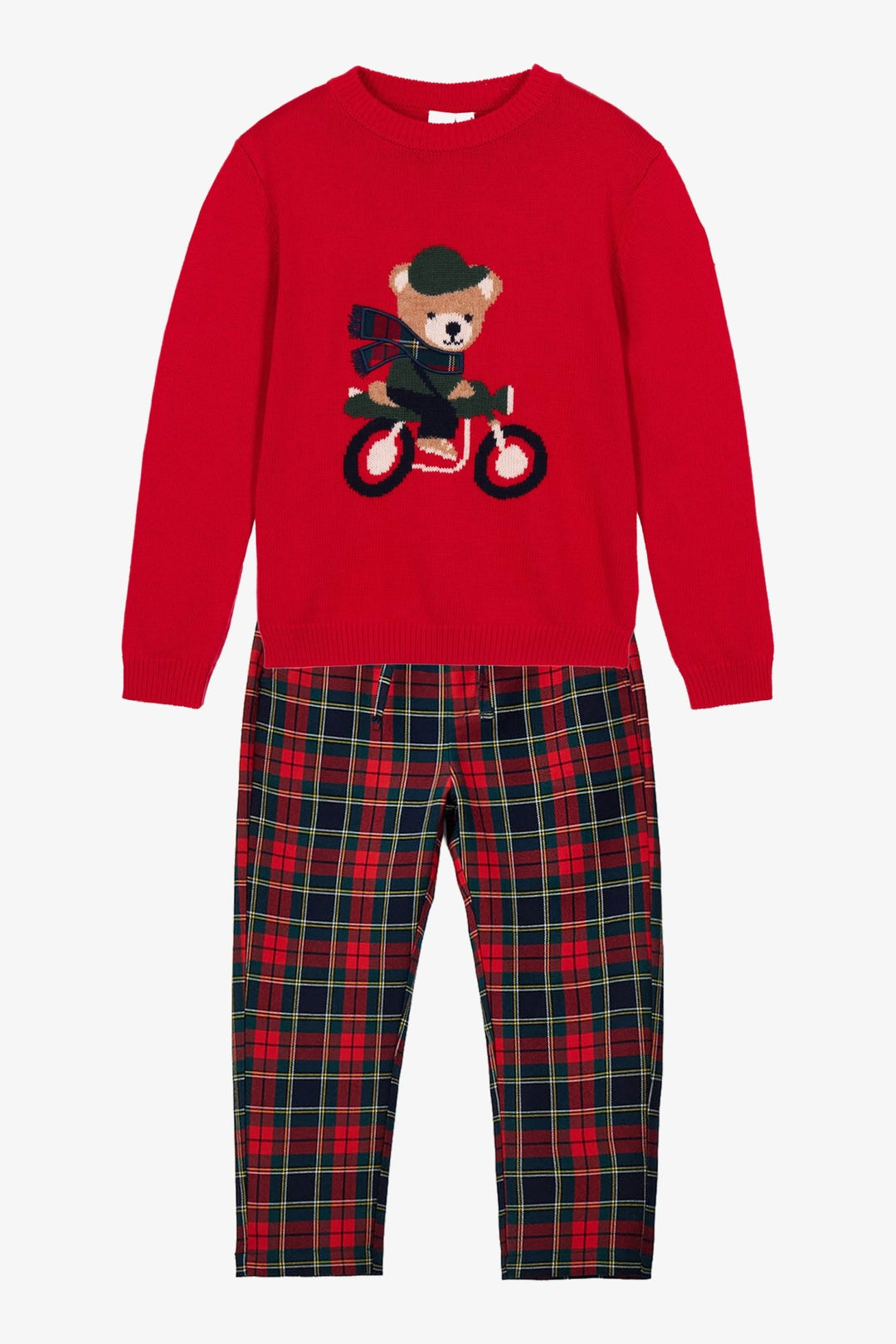 iDo "Bertie" Red Bear Jumper &amp; Navy Tartan Trousers Set - Millie and John