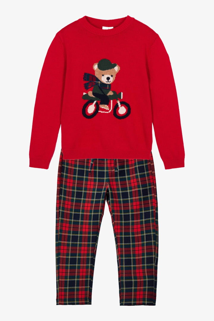 iDo "Bertie" Red Bear Jumper &amp; Navy Tartan Trousers Set - Millie and John