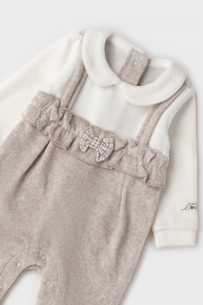 iDo "Edith" Beige Houndstooth Bow Velour Sleepsuit - Millie and John