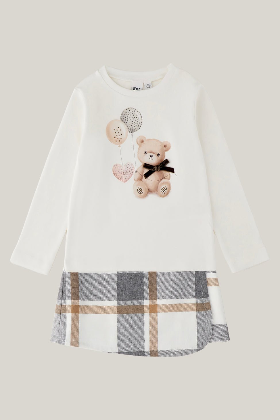 iDo "Eloise" Ivory Teddy Bear Top &amp; Grey Tartan Skirt - Millie and John