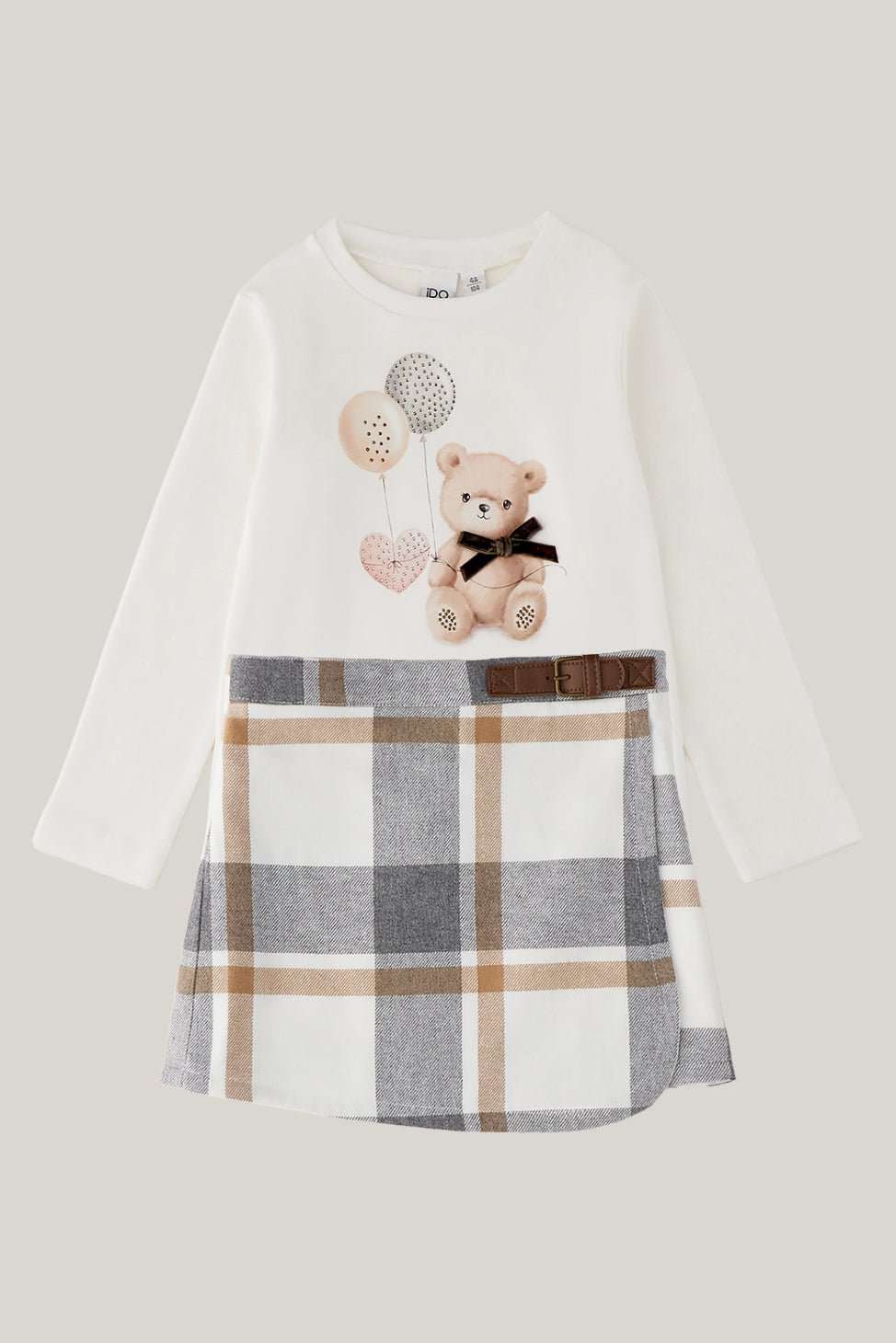 iDo "Eloise" Ivory Teddy Bear Top &amp; Grey Tartan Skirt - Millie and John