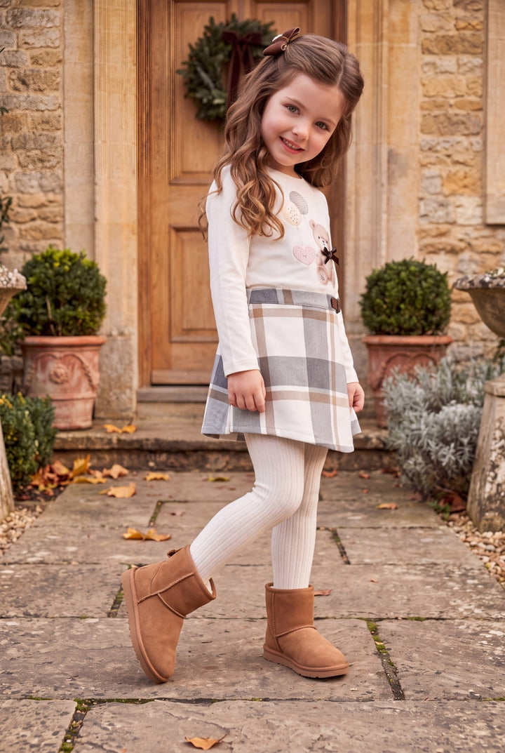 iDo "Eloise" Ivory Teddy Bear Top &amp; Grey Tartan Skirt - Millie and John