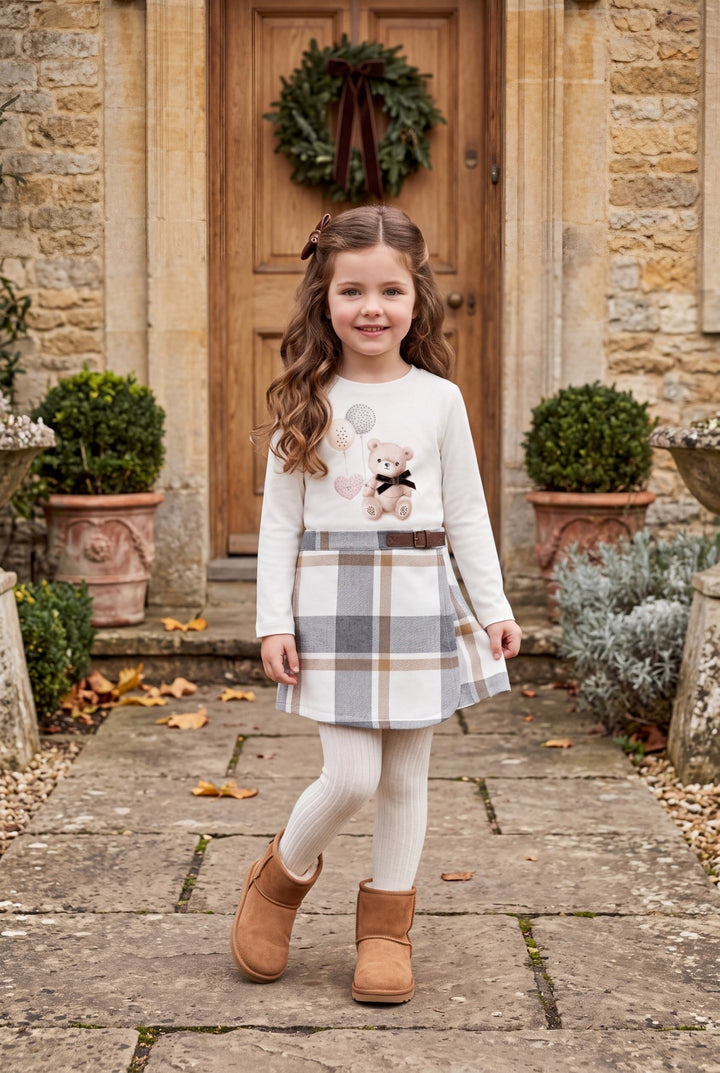 iDo "Eloise" Ivory Teddy Bear Top &amp; Grey Tartan Skirt - Millie and John