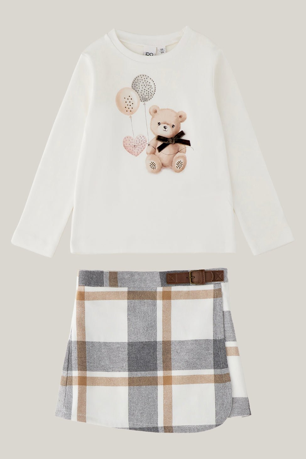 iDo "Eloise" Ivory Teddy Bear Top & Grey Tartan Skirt - Millie and John