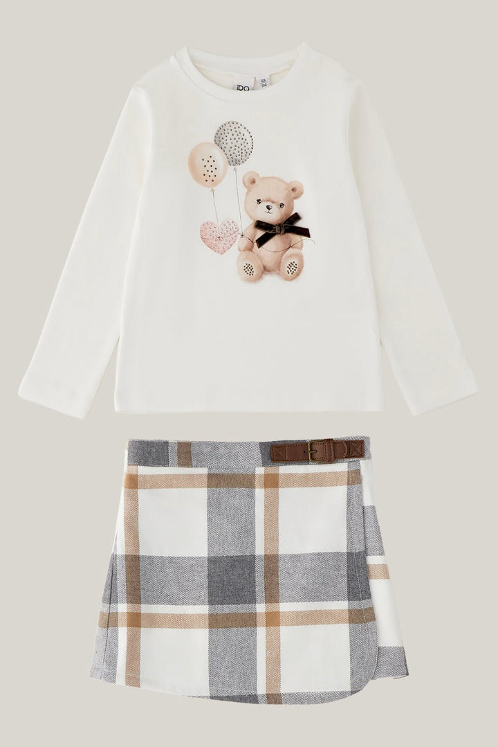 iDo "Eloise" Ivory Teddy Bear Top &amp; Grey Tartan Skirt - Millie and John