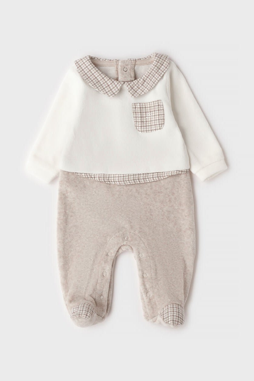 iDo "Hugo" Ivory &amp; Beige Houndstooth Velour Sleepsuit - Millie and John