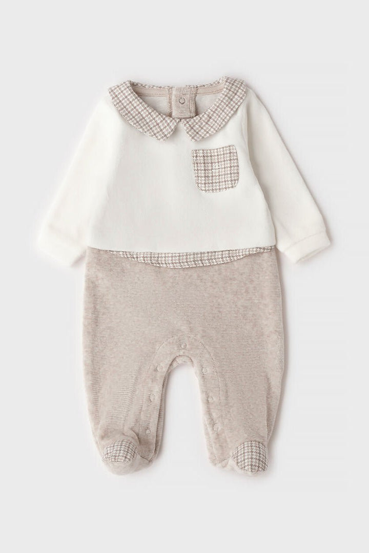 iDo "Hugo" Ivory &amp; Beige Houndstooth Velour Sleepsuit - Millie and John