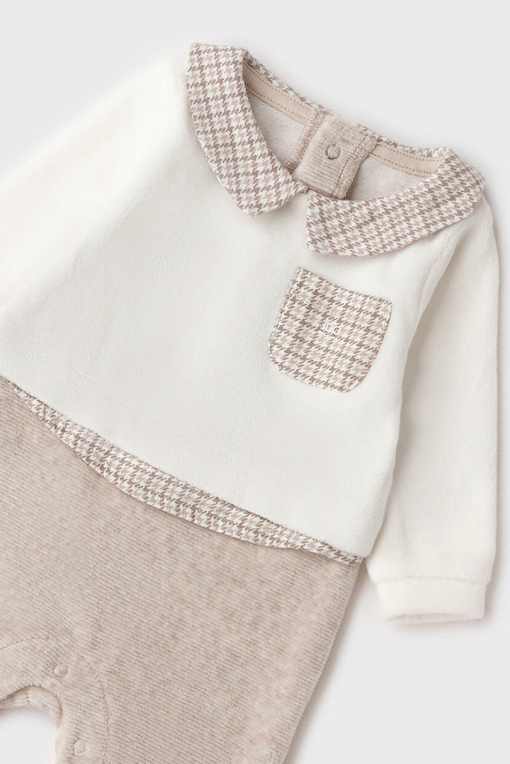 iDo "Hugo" Ivory &amp; Beige Houndstooth Velour Sleepsuit - Millie and John