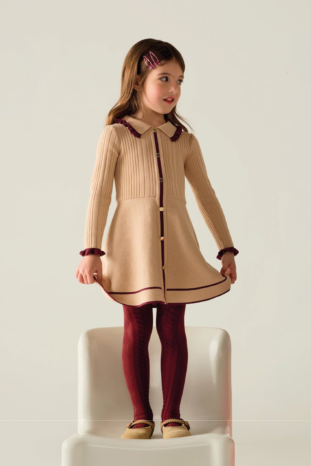 iDo "Lucinda" Camel & Burgundy Knitted Dress - Millie and John