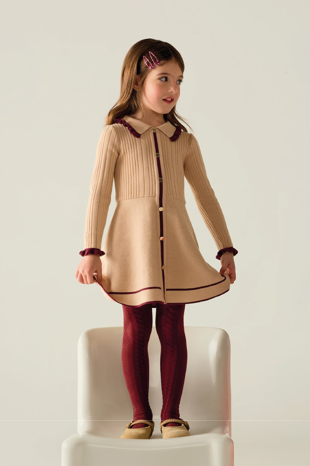iDo "Lucinda" Camel &amp; Burgundy Knitted Dress - Millie and John