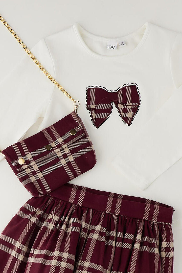 iDo "Penelope" Burgundy &amp; Camel Tartan 3-Piece Skirt Set - Millie and John