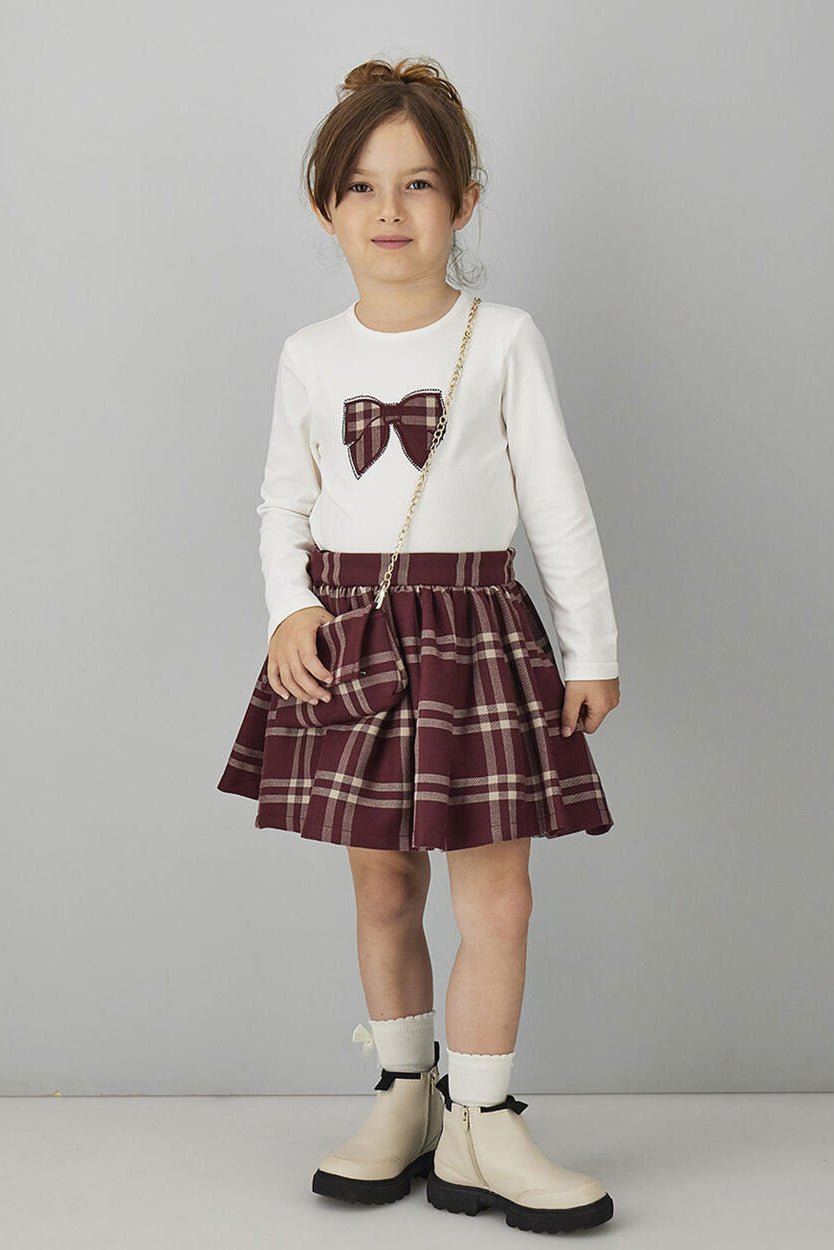 iDo "Penelope" Burgundy & Camel Tartan 3-Piece Skirt Set - Millie and John