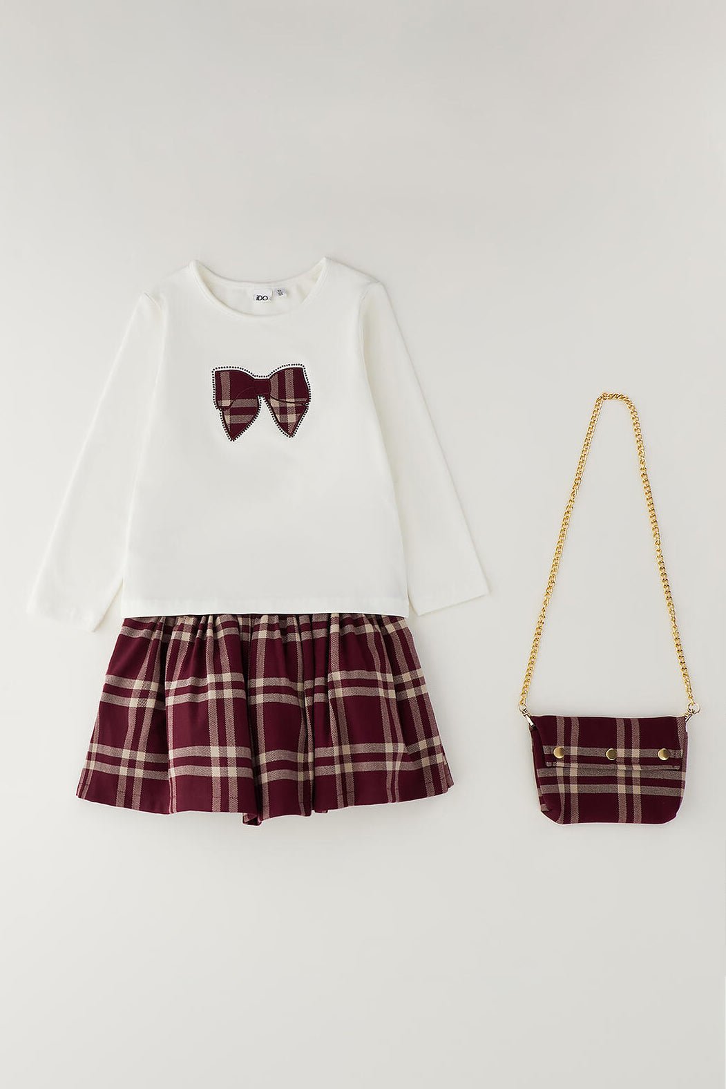 iDo "Penelope" Burgundy & Camel Tartan 3-Piece Skirt Set - Millie and John
