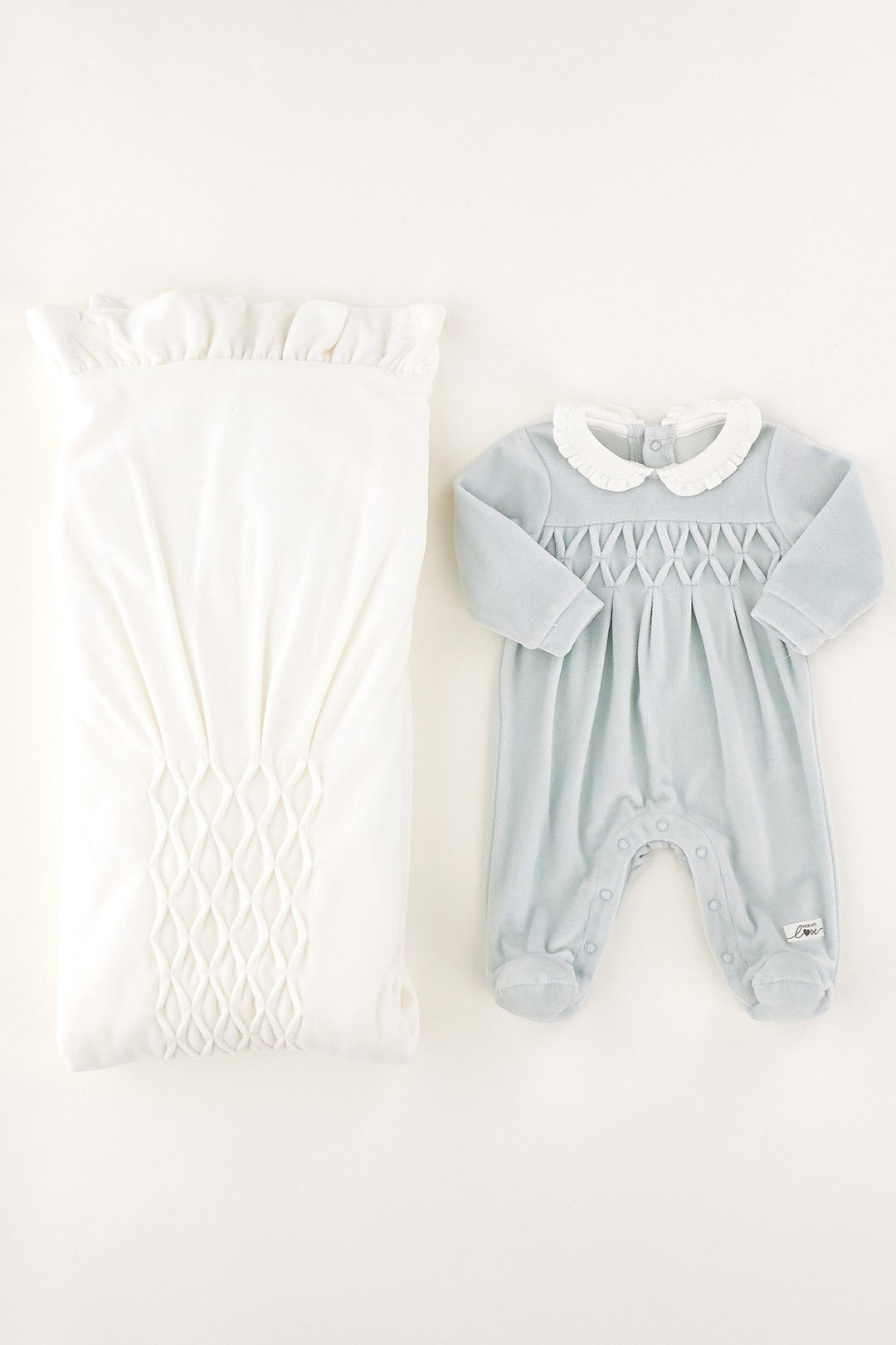 iDo "Remy" Pale Mint Smocked Velour Sleepsuit - Millie and John