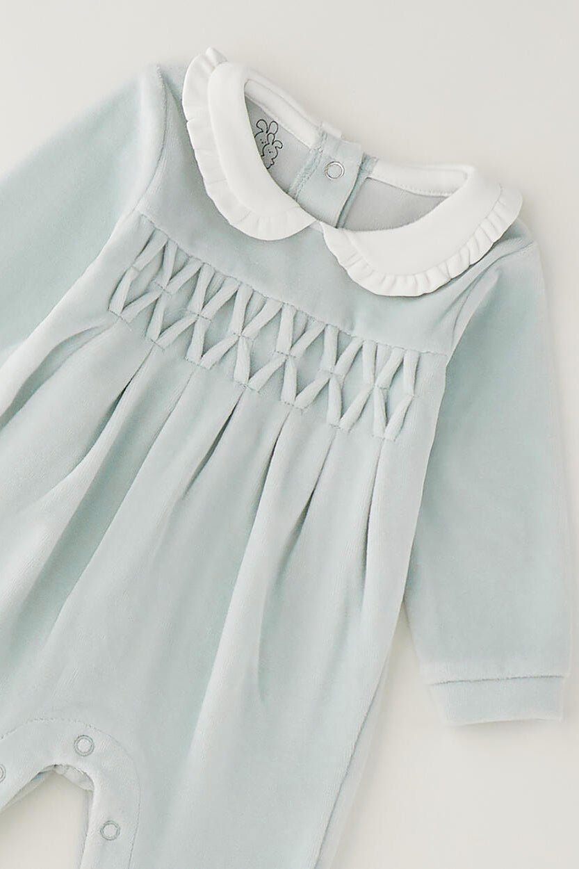 iDo "Remy" Pale Mint Smocked Velour Sleepsuit - Millie and John
