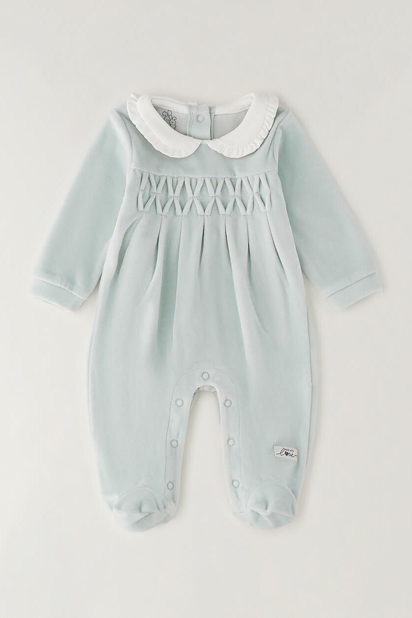 iDo "Remy" Pale Mint Smocked Velour Sleepsuit - Millie and John