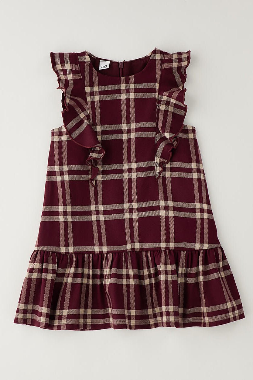 iDo "Rosamund" Burgundy & Camel Tartan Frill Dress - Millie and John