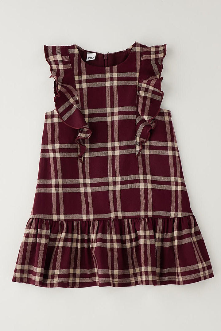 iDo "Rosamund" Burgundy &amp; Camel Tartan Frill Dress - Millie and John