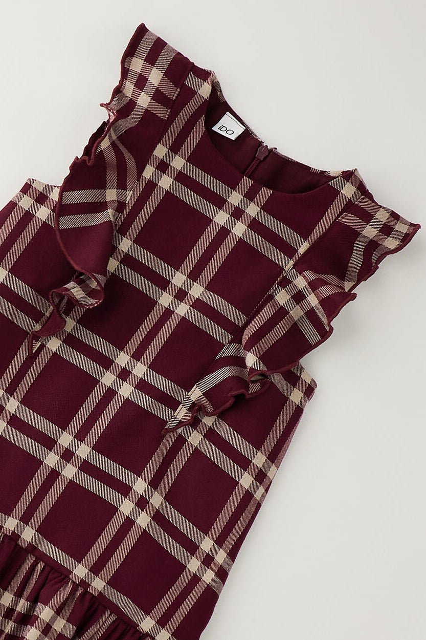 iDo "Rosamund" Burgundy &amp; Camel Tartan Frill Dress - Millie and John