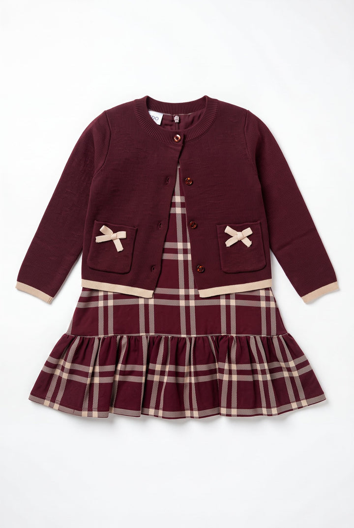 iDo "Rosamund" Burgundy &amp; Camel Tartan Frill Dress - Millie and John