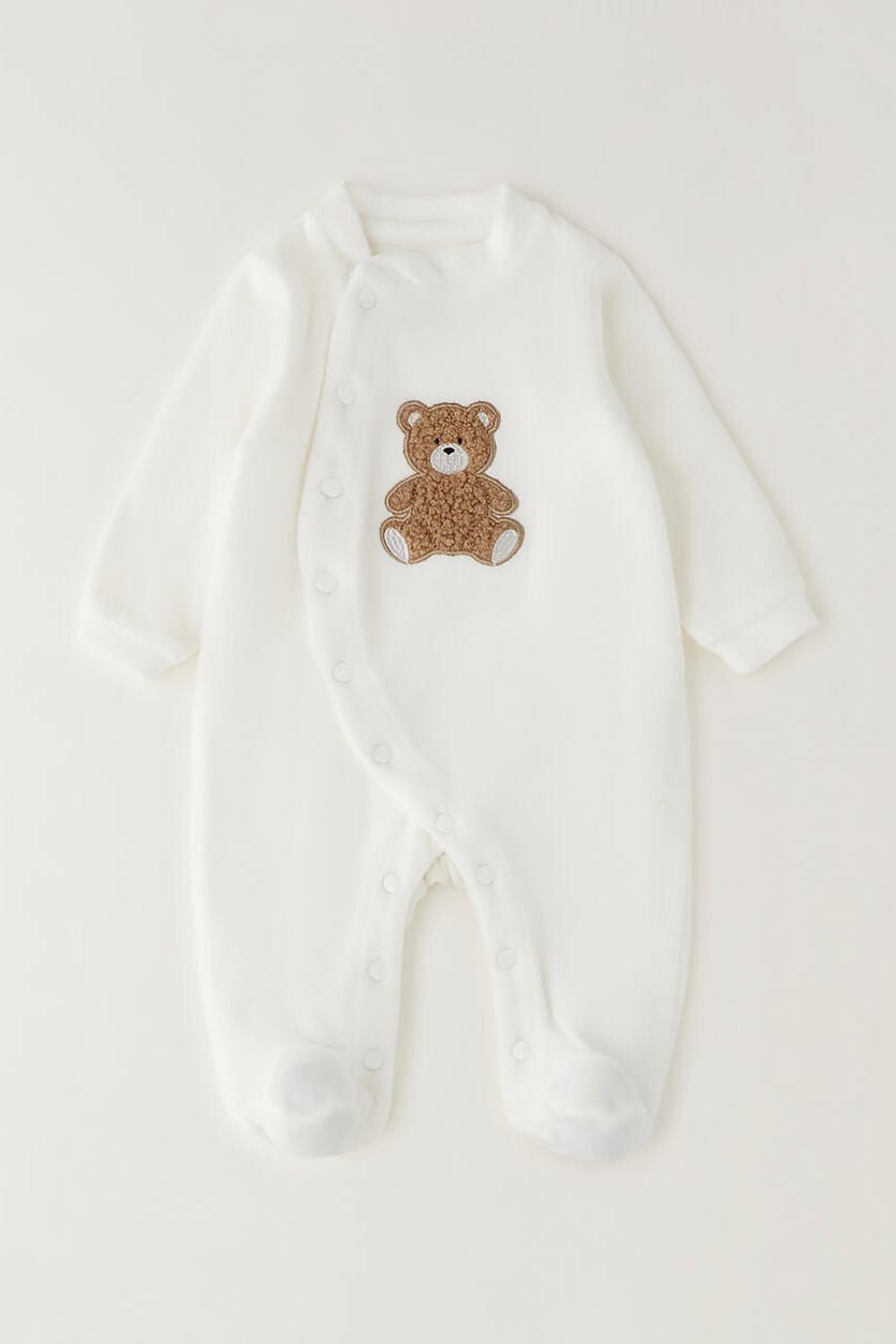 iDo "Teddy" Ivory Bouclé Bear Velour Sleepsuit - Millie and John