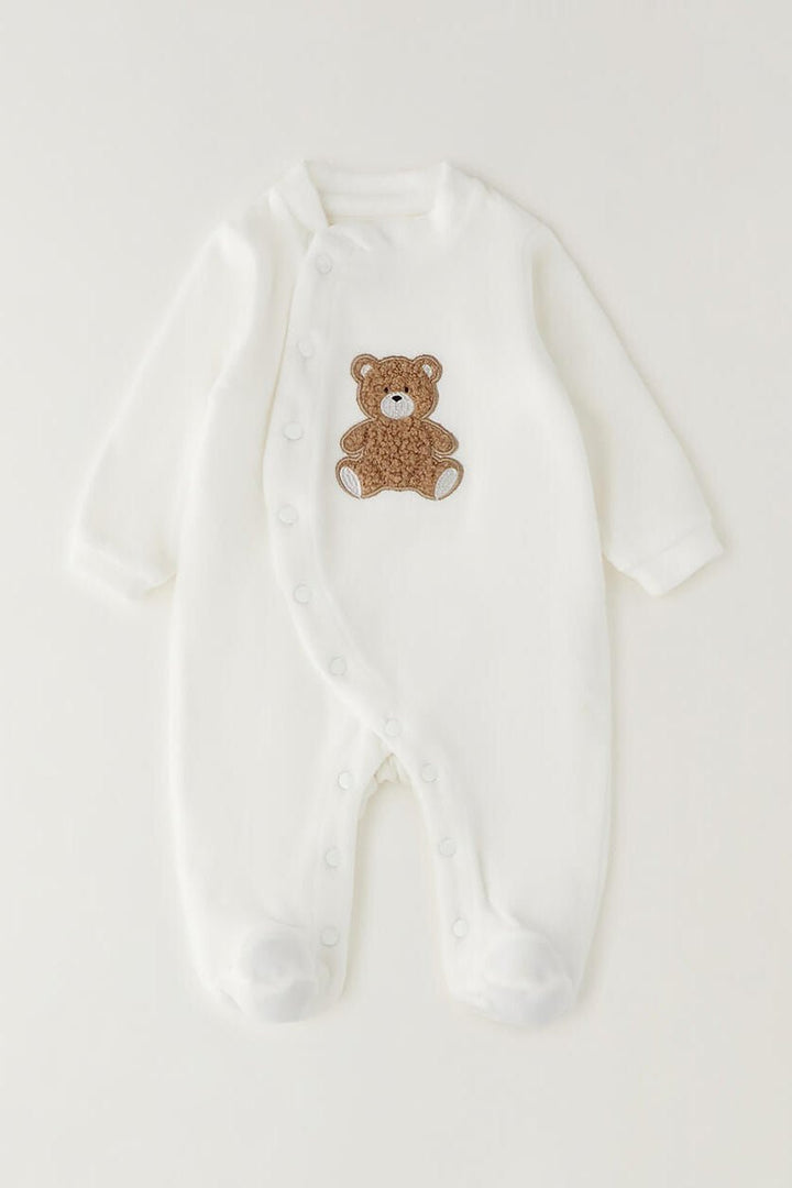 iDo "Teddy" Ivory Bouclé Bear Velour Sleepsuit - Millie and John
