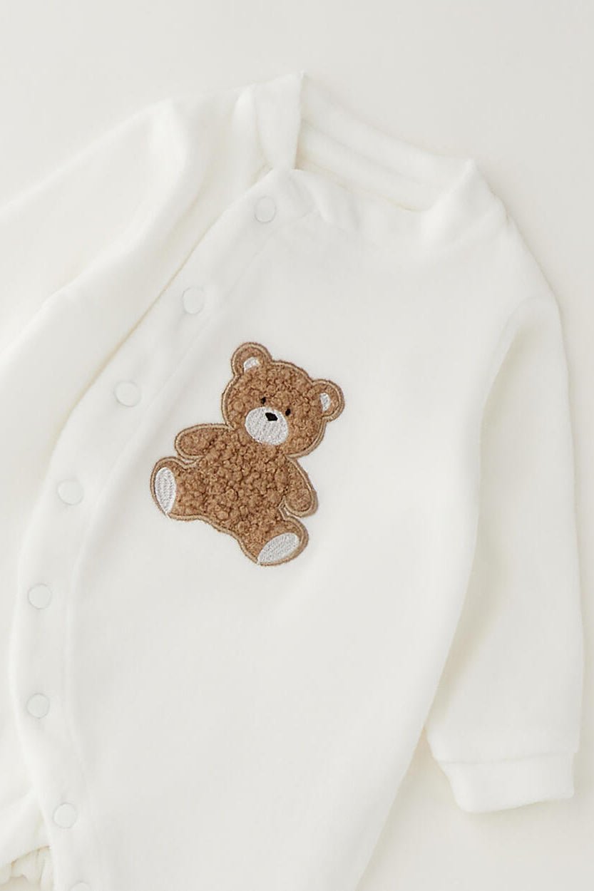 iDo "Teddy" Ivory Bouclé Bear Velour Sleepsuit - Millie and John
