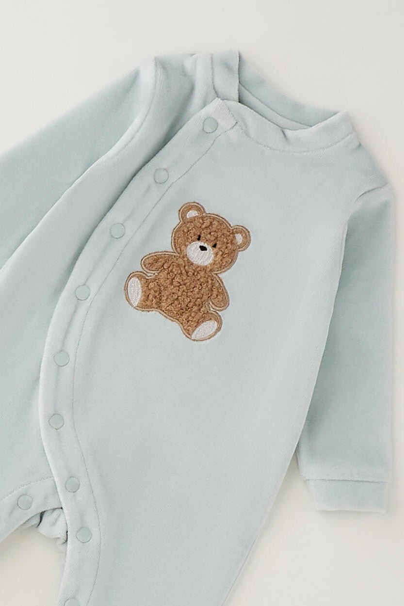 iDo "Teddy" Pale Mint Bouclé Bear Velour Sleepsuit - Millie and John