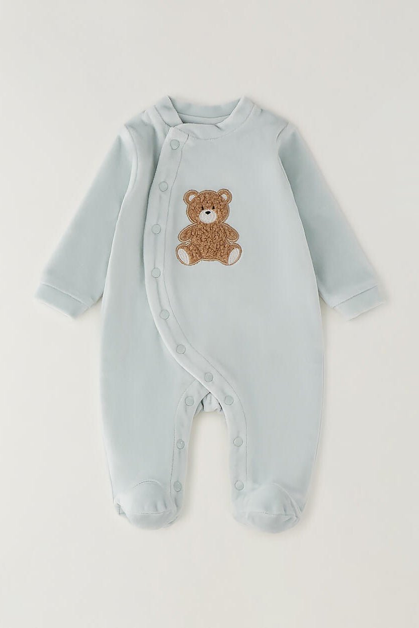 iDo "Teddy" Pale Mint Bouclé Bear Velour Sleepsuit - Millie and John
