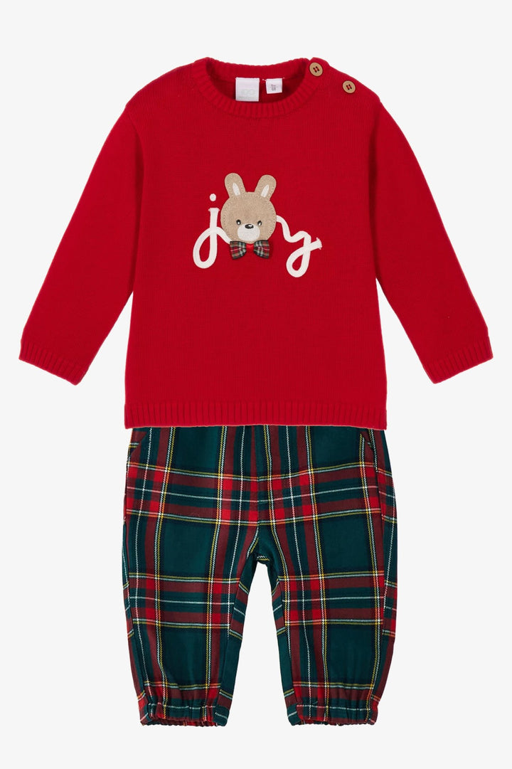 iDo "Wilfred" Red Bunny Jumper &amp; Tartan Trousers Set - Millie and John