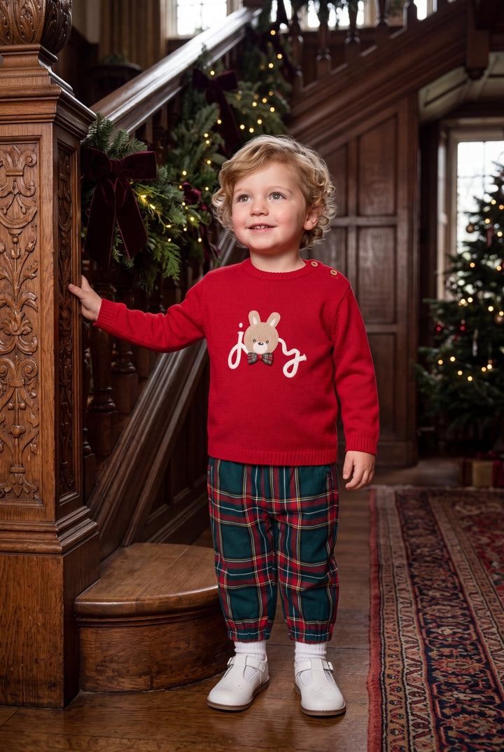 iDo "Wilfred" Red Bunny Jumper &amp; Tartan Trousers Set - Millie and John