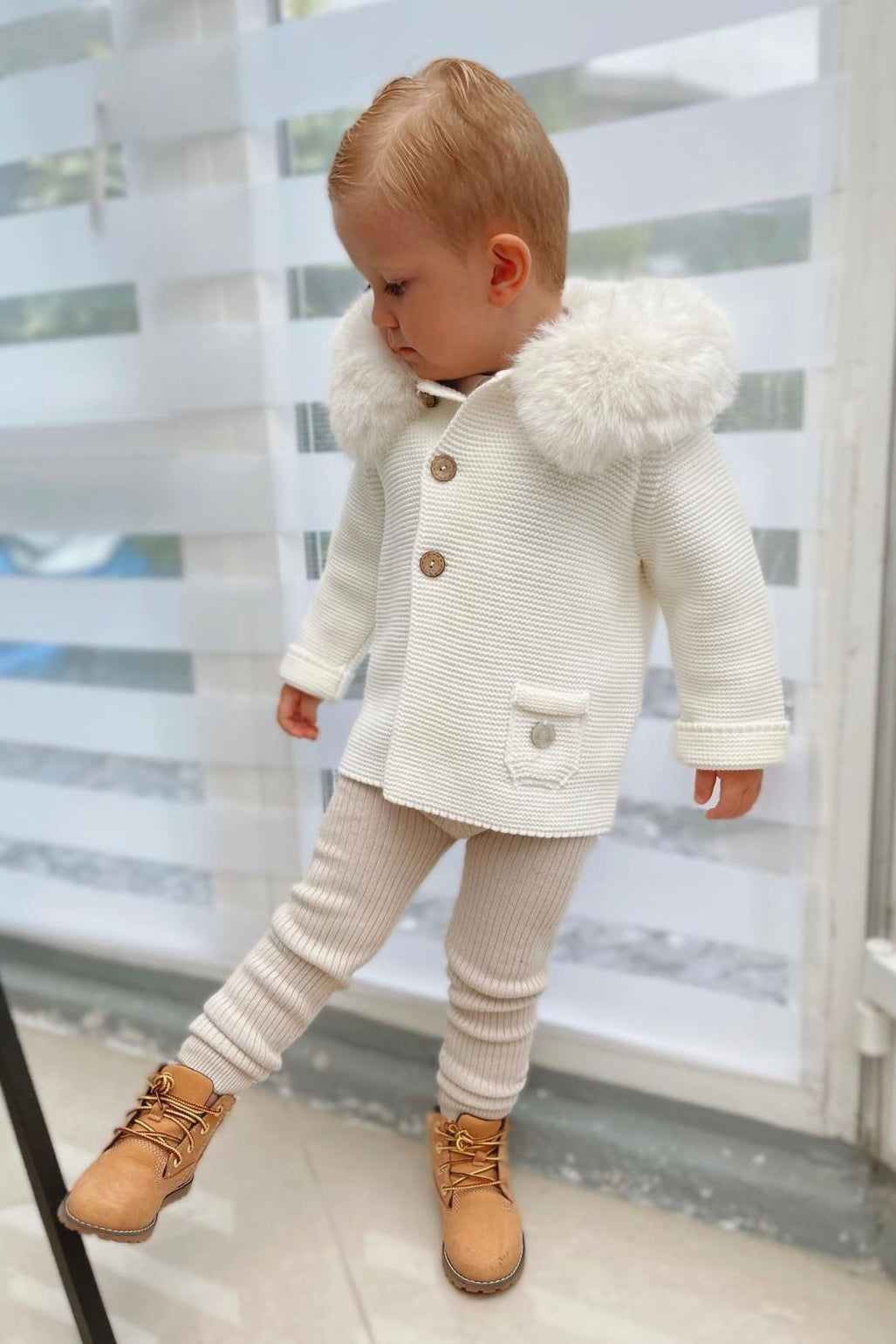 Pangasa PREORDER Ivory Faux Fur Knitted Jacket | Millie and John