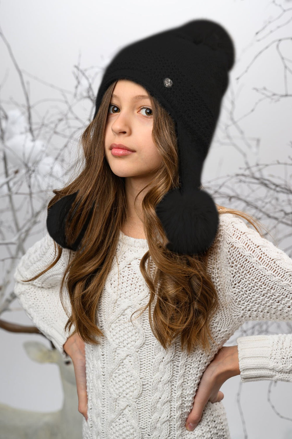 Jamiks Black Cashmere Triple Faux Fur Pom Pom Hat - Millie and John