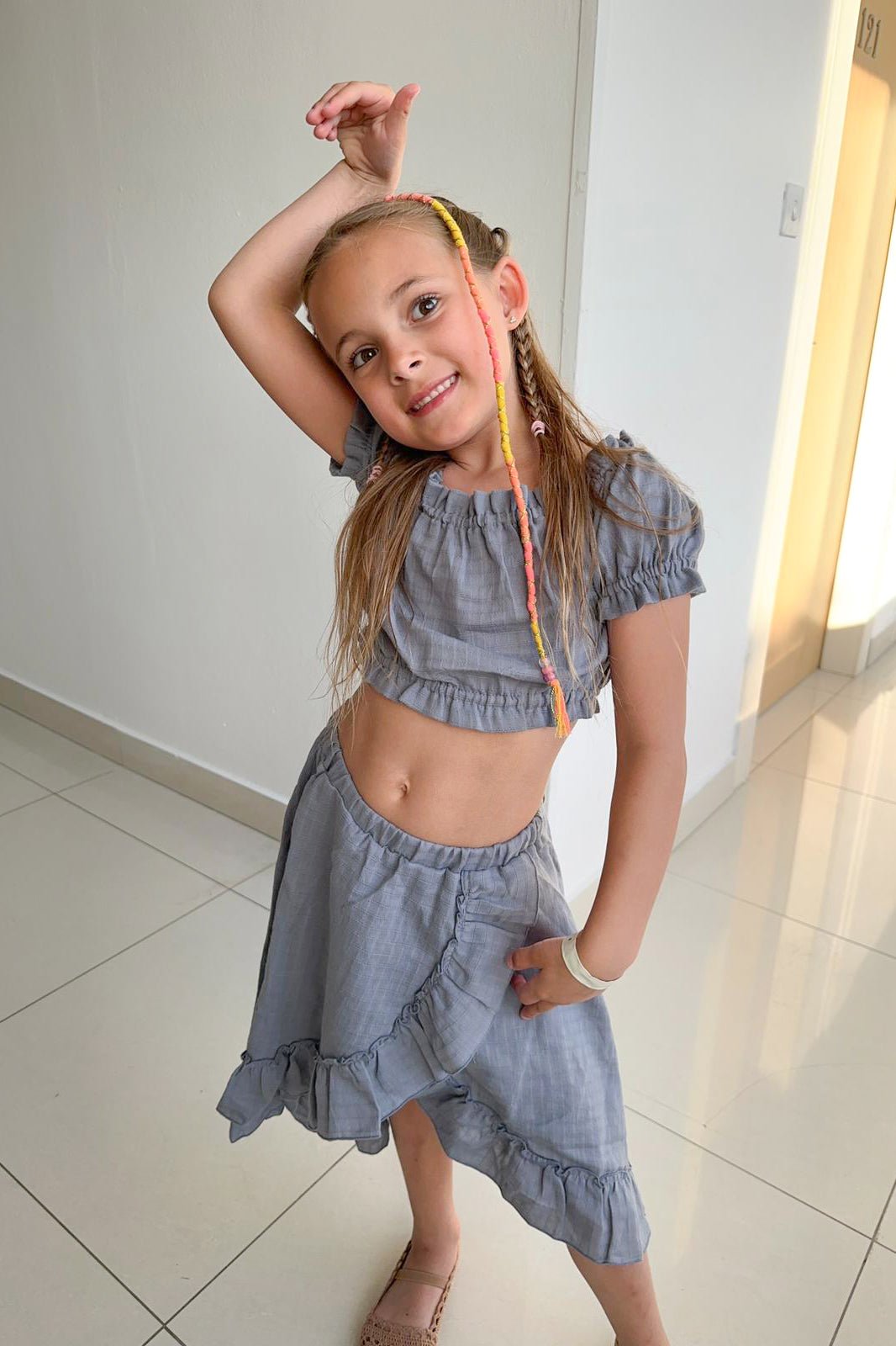 Jamiks "Brylee" Dusky Blue Organic Cotton Blouse & Skirt - Millie and John