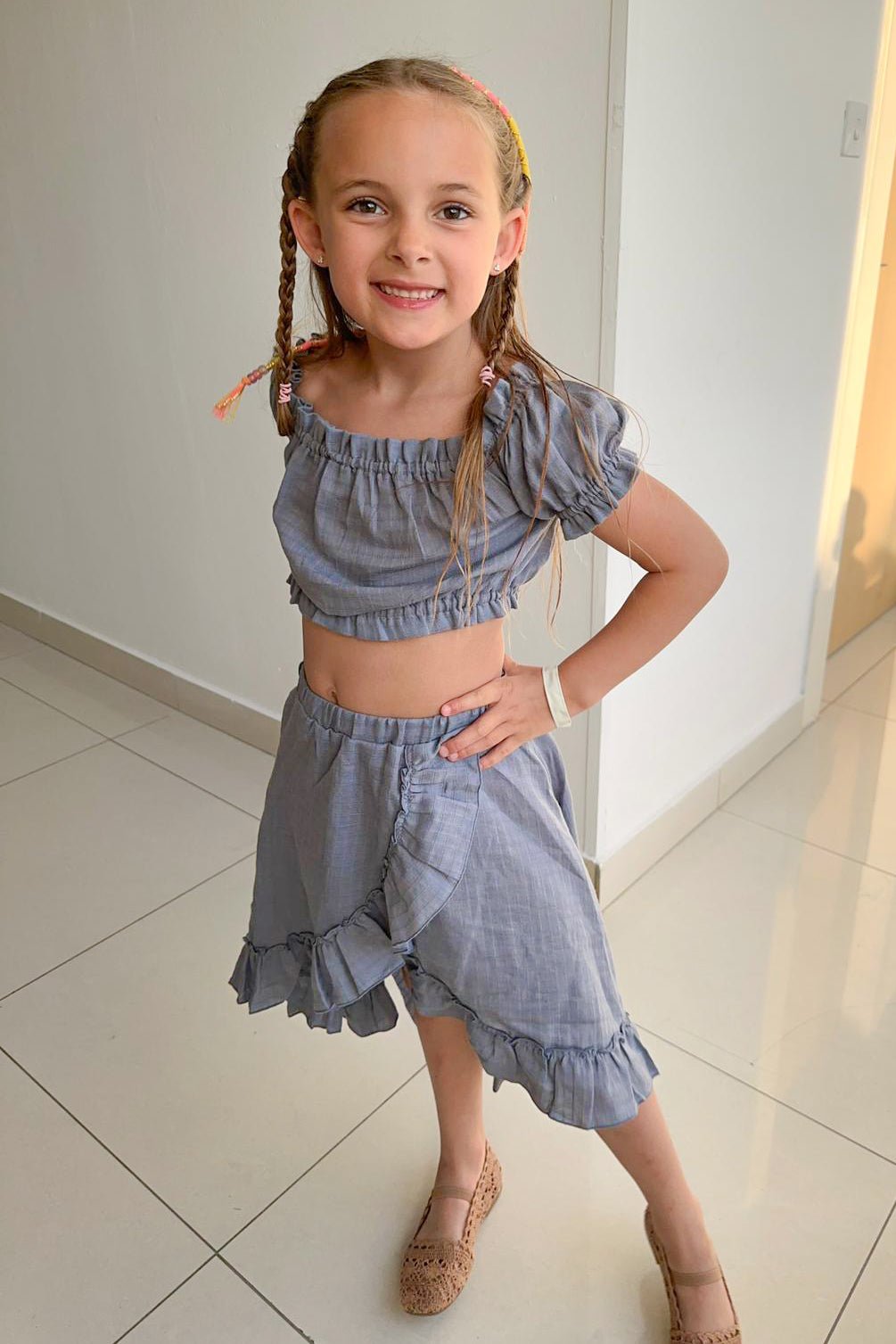 Jamiks "Brylee" Dusky Blue Organic Cotton Blouse & Skirt - Millie and John