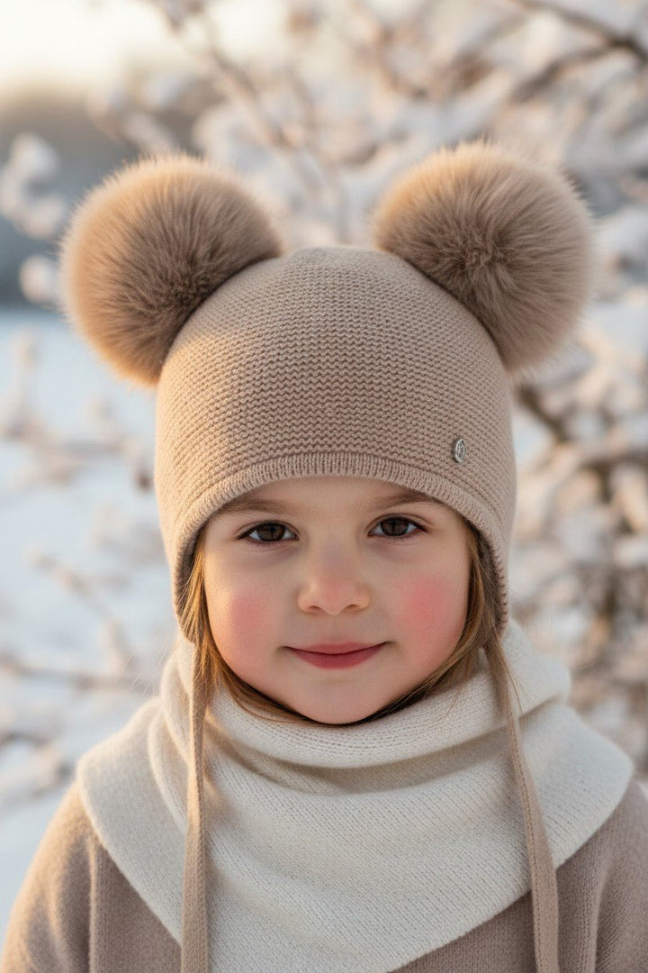 Jamiks Dark Beige Knit Faux Fur Pom Pom Hat - Millie and John