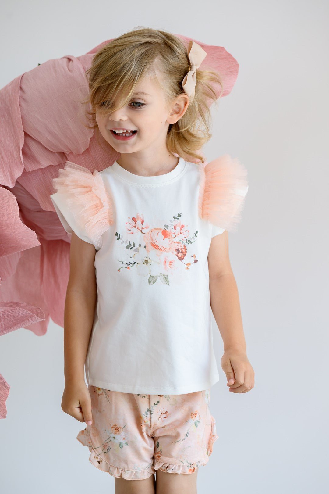 Jamiks "Deidra" Ivory & Peach Floral Tulle Top & Shorts - Millie and John