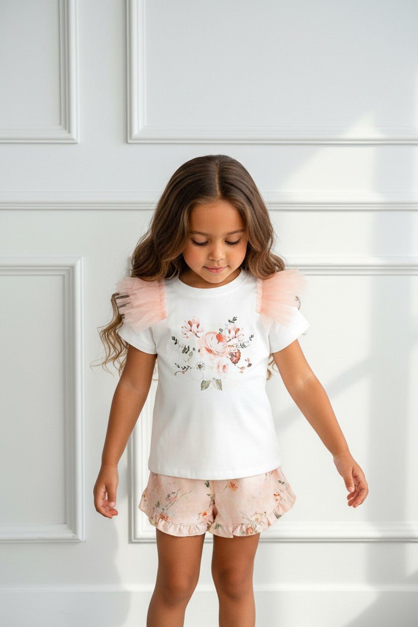 Jamiks "Deidra" Ivory & Peach Floral Tulle Top & Shorts - Millie and John