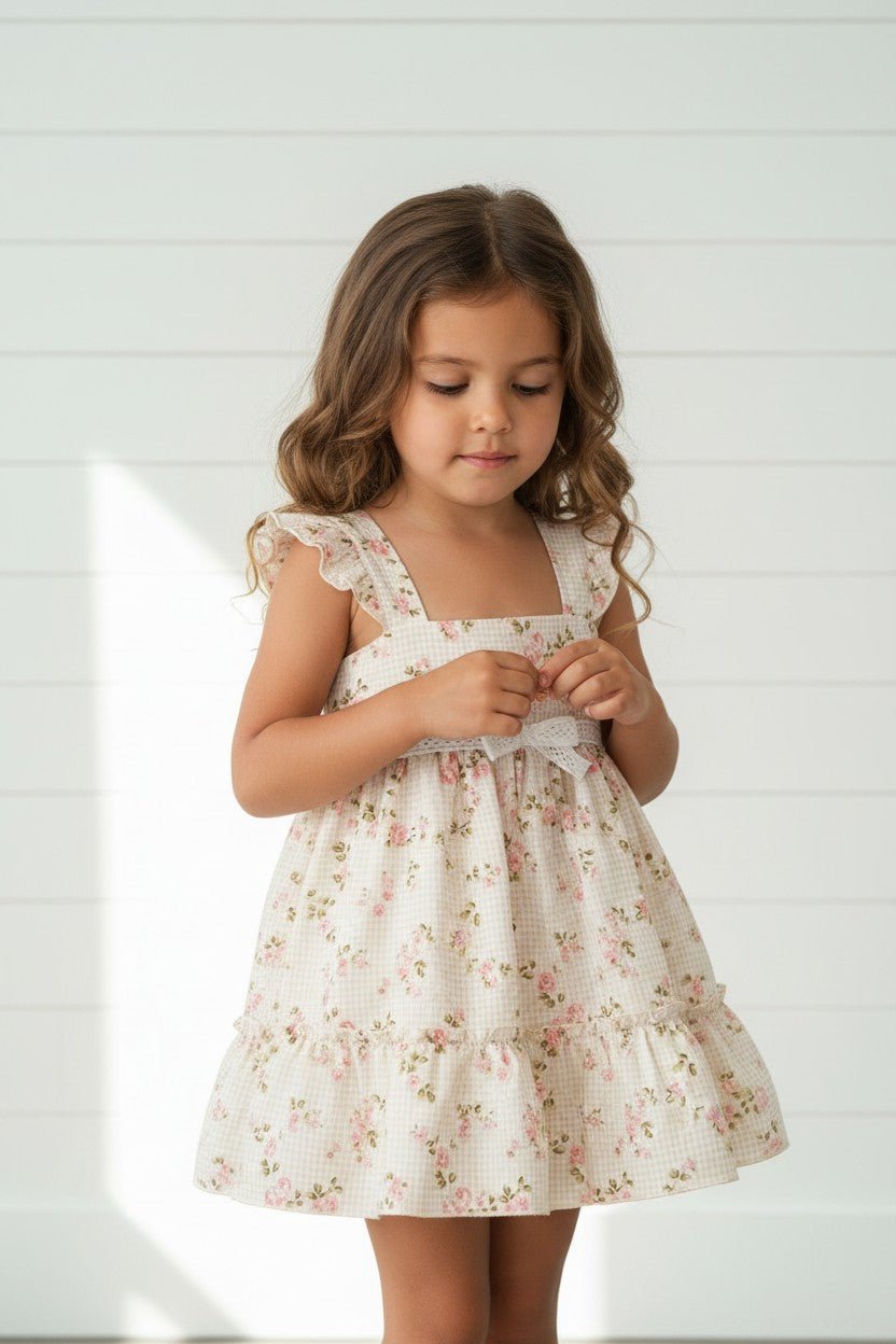 Jamiks "Diana" Beige Gingham Floral Dress - Millie and John