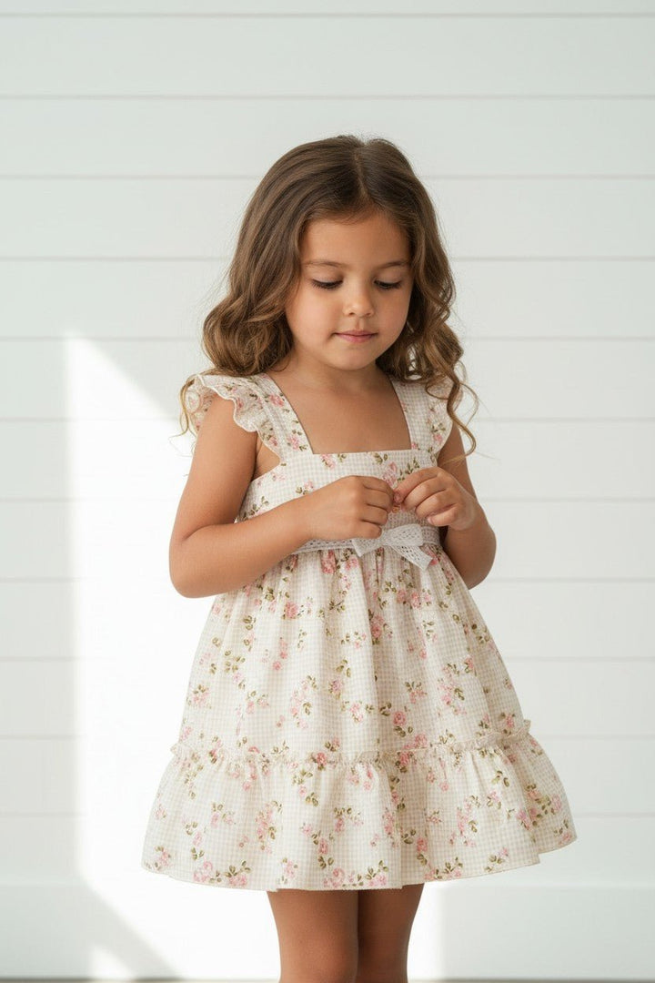 Jamiks "Diana" Beige Gingham Floral Dress - Millie and John