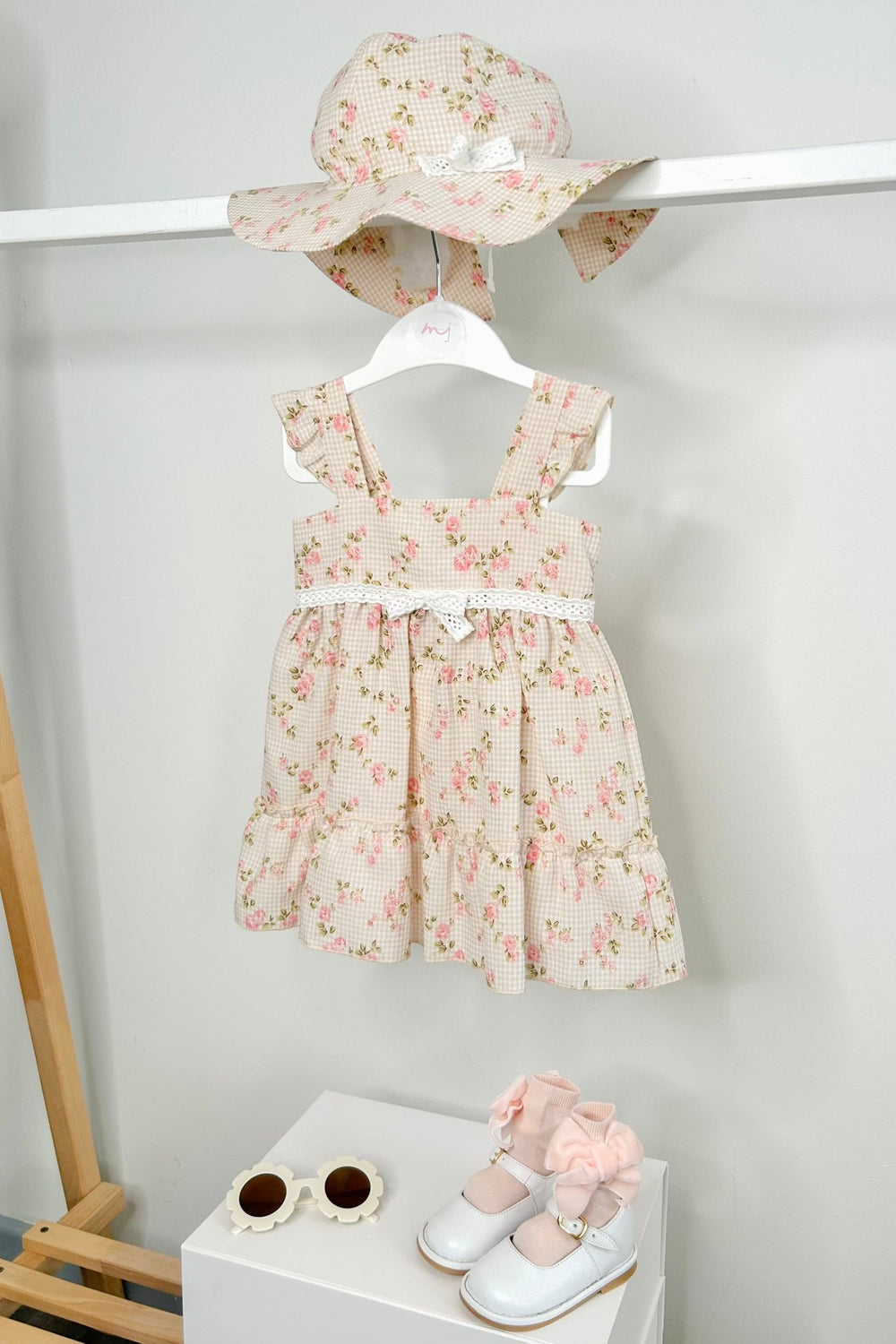 Jamiks "Diana" Beige Gingham Floral Dress - Millie and John