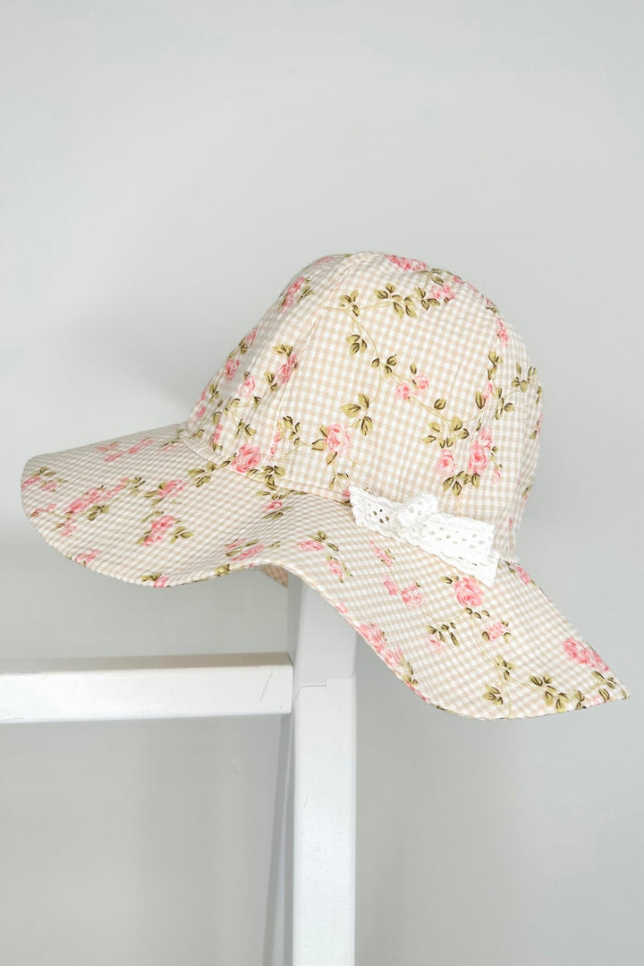Jamiks "Diana" Beige Gingham Floral Sun Hat - Millie and John
