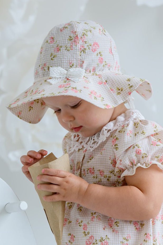 Jamiks "Diana" Beige Gingham Floral Sun Hat - Millie and John