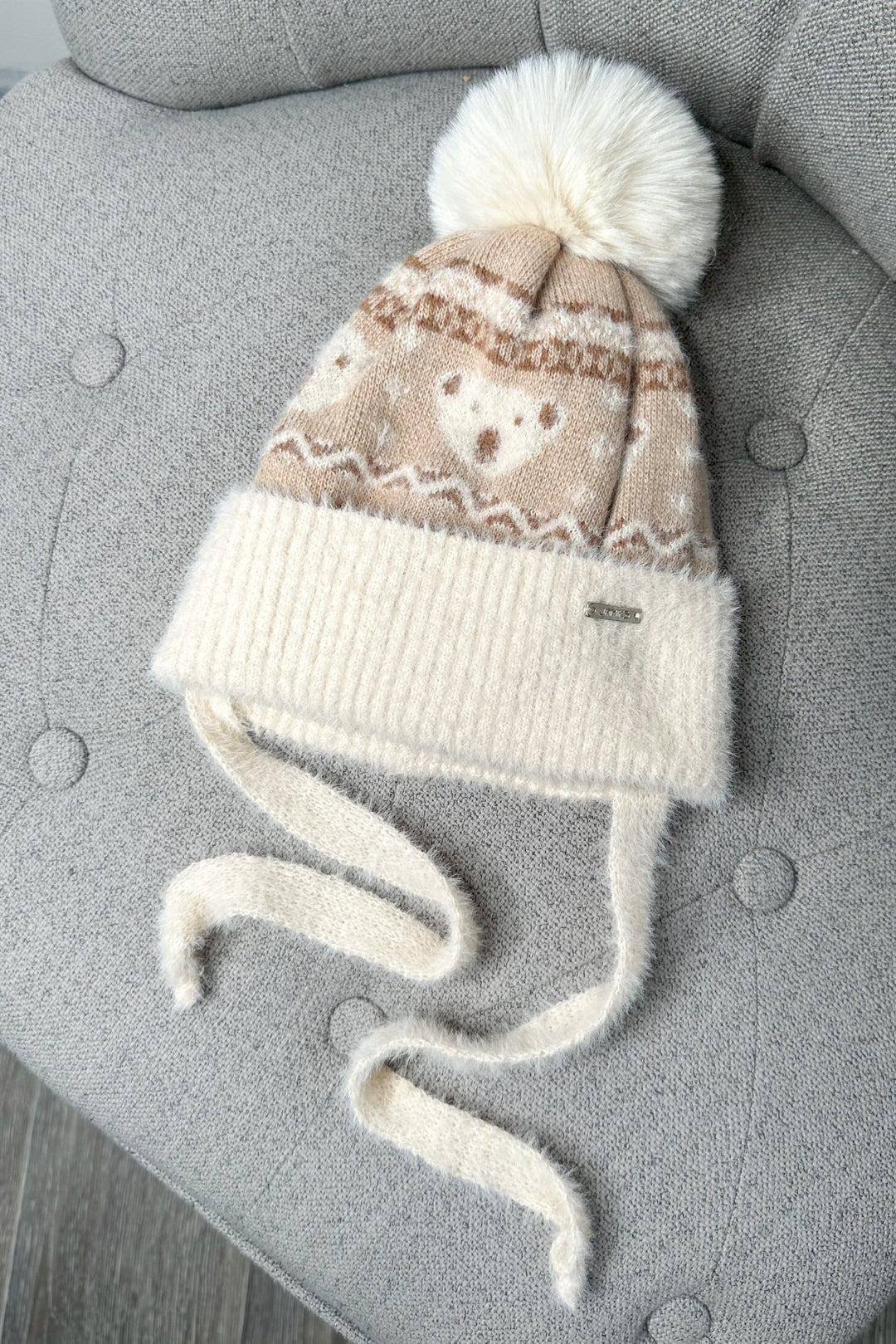 Jamiks Fluffy Beige Teddy Fair Isle Pom Pom Hat - Millie and John